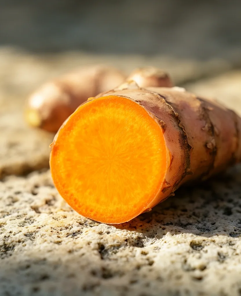 Vibrant raw turmeric root showing internal texture